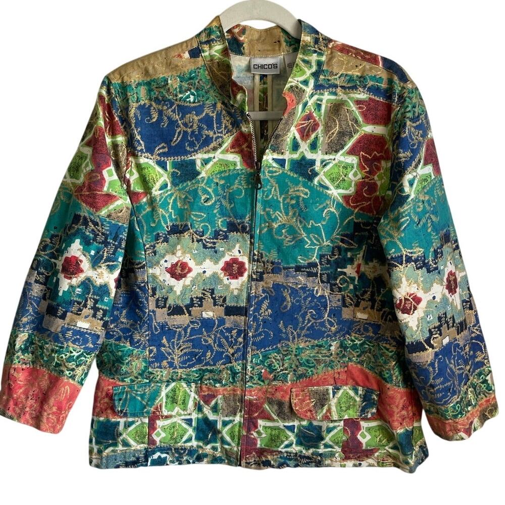 Chico’s Zip Front Jacket Sz L Cotton Abstract Colorful Metallic Accent Artsy